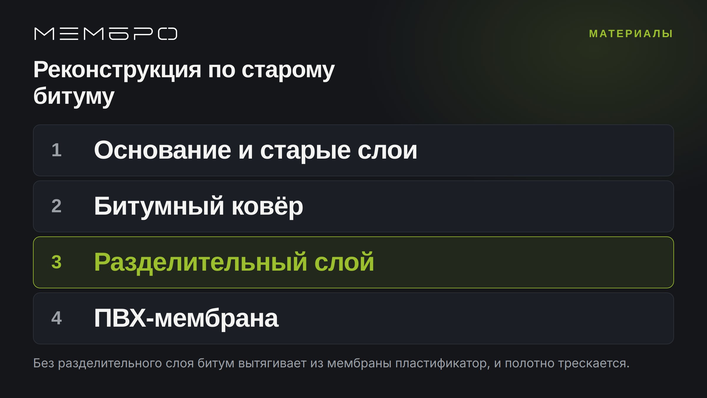 Схема слоёв при реконструкции: старый битумный ковёр, разделительный слой, новая ПВХ-мембрана